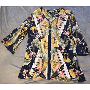 JM Collection Woman’s Floral 3/4 SLEEVE Blouse, With Gold Accent Chain SIZE XL